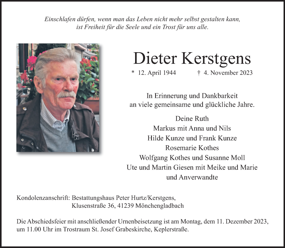  Traueranzeige für Dieter Kerstgens vom 03.12.2023 aus trauer.extra-tipp-moenchengladbach.de