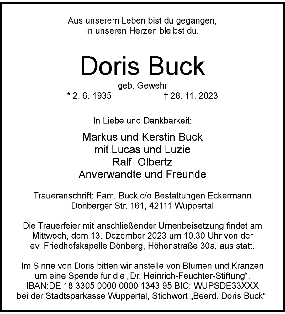  Traueranzeige für Doris Buck vom 02.12.2023 aus trauer.wuppertaler-rundschau.de