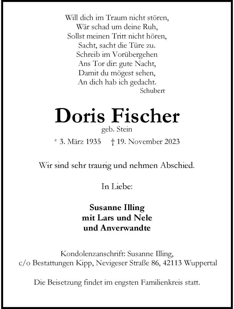  Traueranzeige für Doris Fischer vom 25.11.2023 aus trauer.wuppertaler-rundschau.de