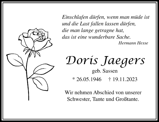Traueranzeige von Doris Jaegers von trauer.extra-tipp-moenchengladbach.de
