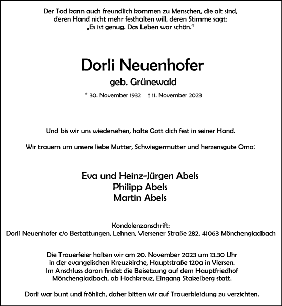 Traueranzeige von Dorli Neuenhofer von trauer.extra-tipp-moenchengladbach.de