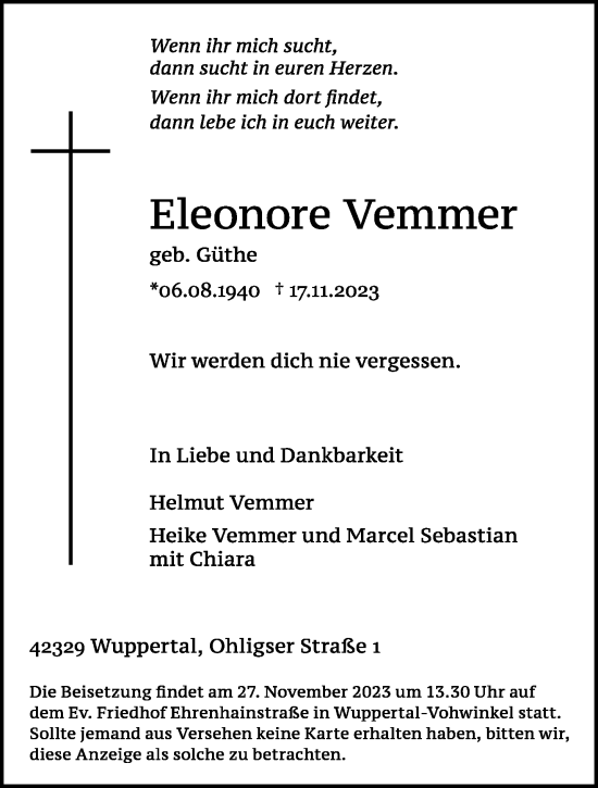 Traueranzeige von Eleonore Vemmer von trauer.wuppertaler-rundschau.de