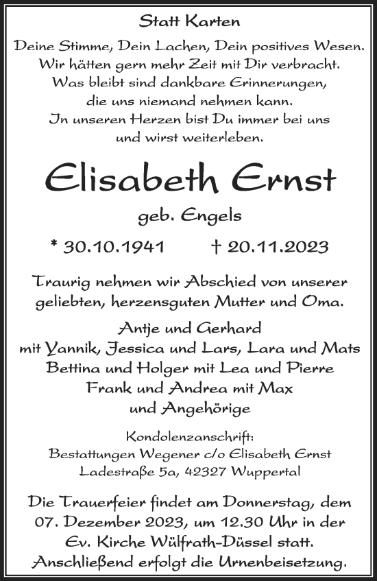 Traueranzeige von Elisabeth Ernst von trauer.wuppertaler-rundschau.de