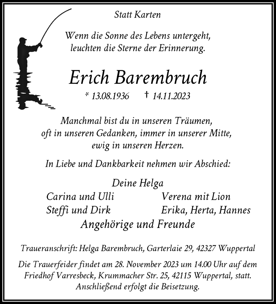  Traueranzeige für Erich Barembruch vom 25.11.2023 aus trauer.wuppertaler-rundschau.de