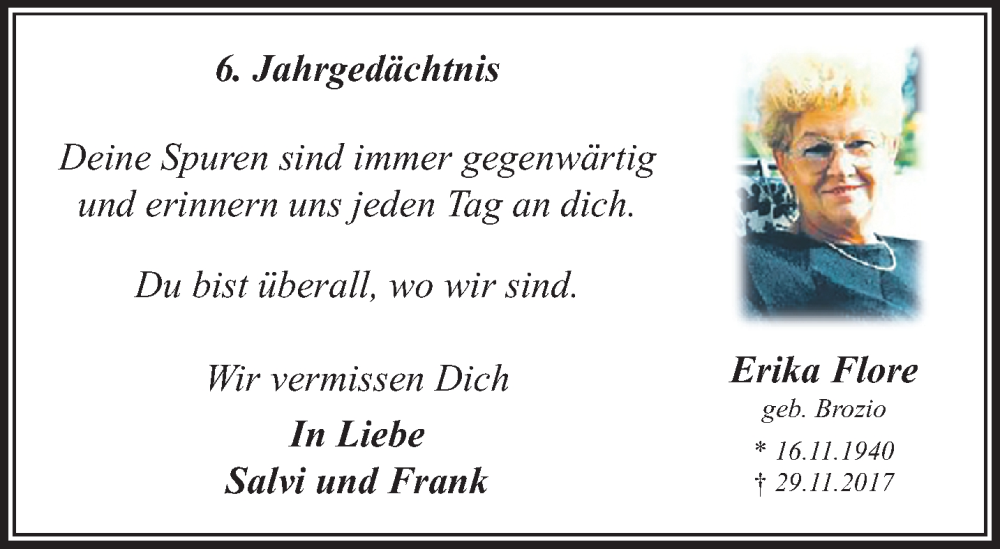  Traueranzeige für Erika Flore vom 03.12.2023 aus trauer.extra-tipp-moenchengladbach.de