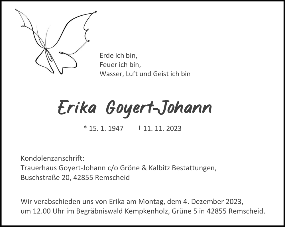  Traueranzeige für Erika Goyert-Johann vom 25.11.2023 aus trauer.wuppertaler-rundschau.de