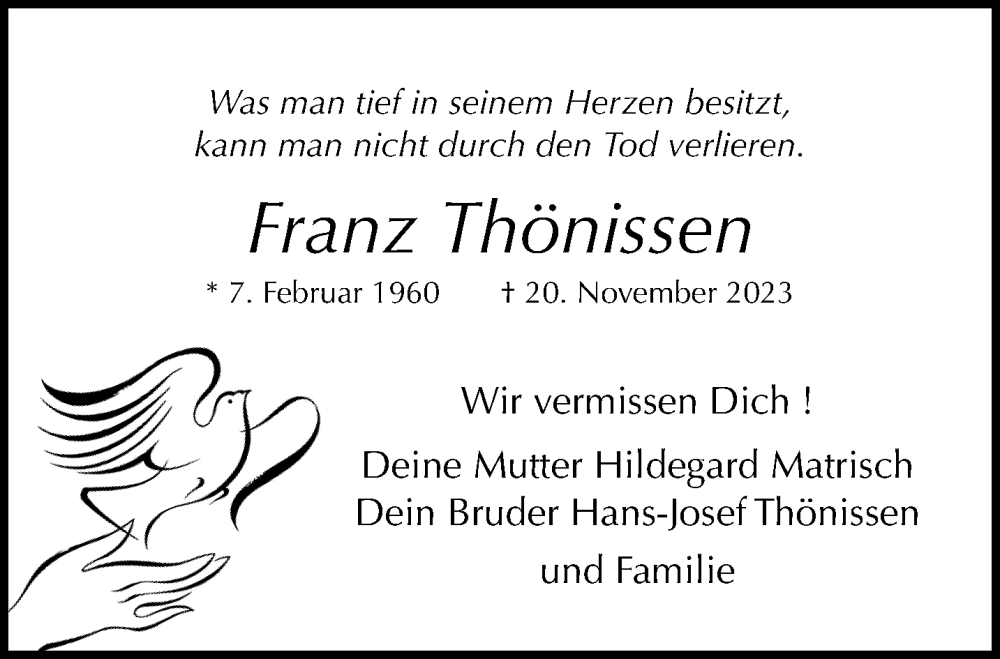  Traueranzeige für Franz Thönissen vom 26.11.2023 aus trauer.extra-tipp-moenchengladbach.de