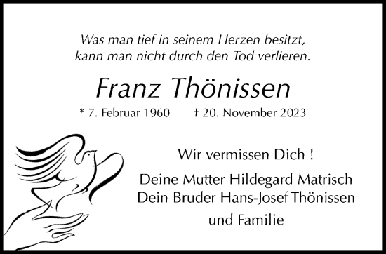 Traueranzeige von Franz Thönissen von trauer.extra-tipp-moenchengladbach.de