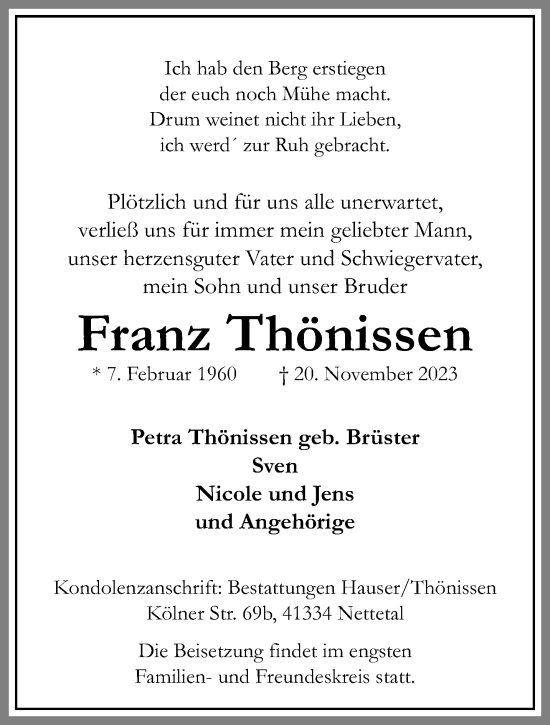 Traueranzeige von Franz Thönissen von trauer.extra-tipp-moenchengladbach.de
