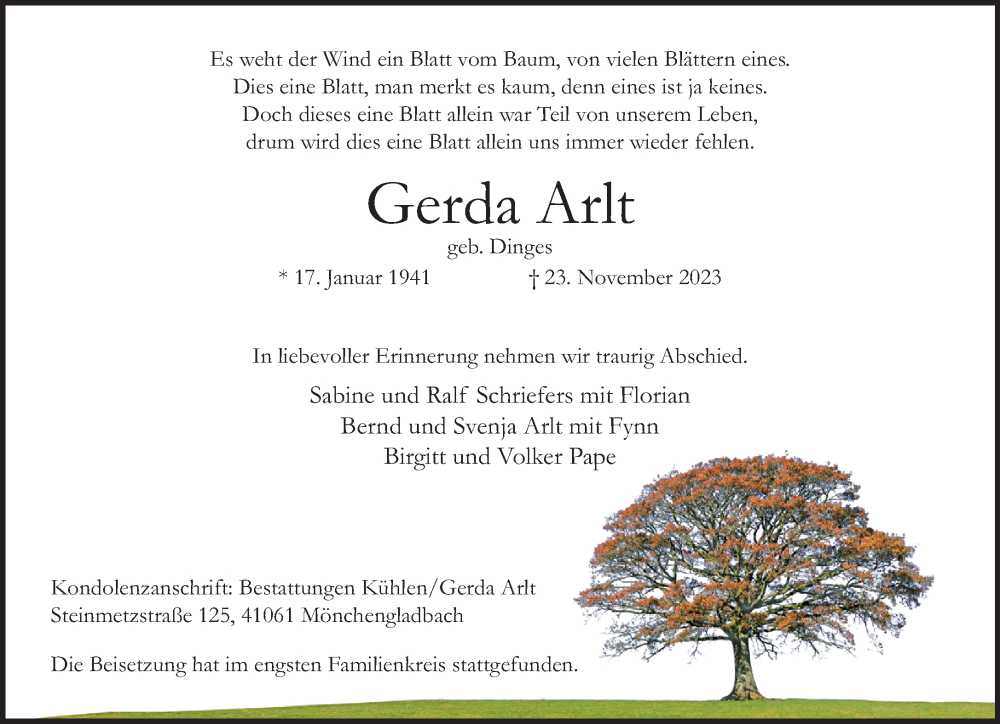  Traueranzeige für Gerda Arlt vom 03.12.2023 aus trauer.extra-tipp-moenchengladbach.de