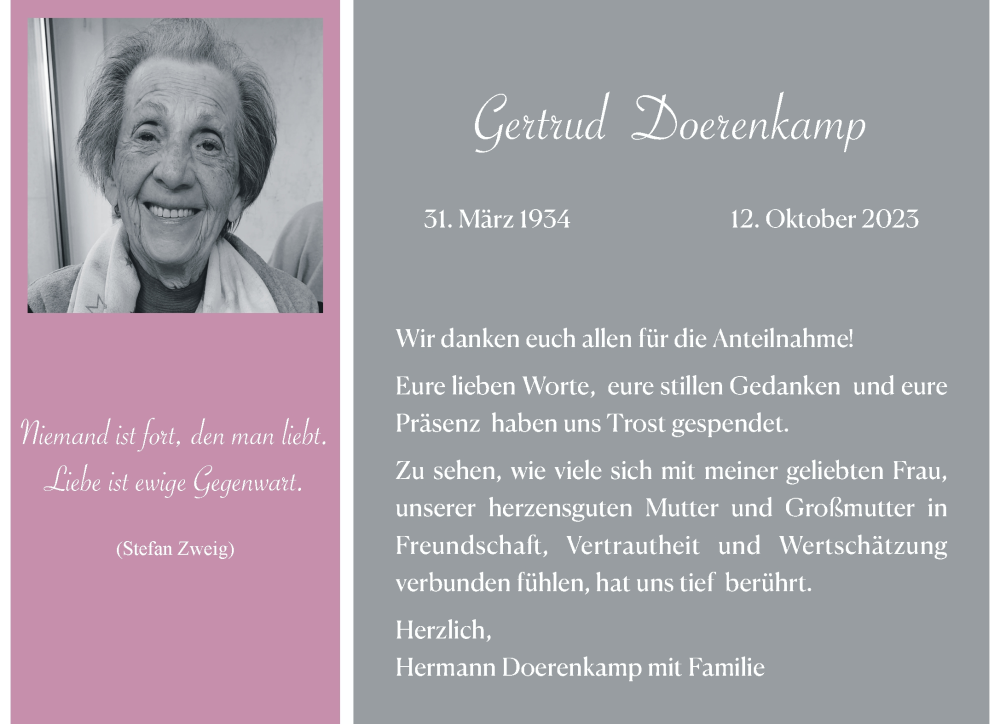  Traueranzeige für Gertrud Doerenkamp vom 26.11.2023 aus trauer.extra-tipp-moenchengladbach.de