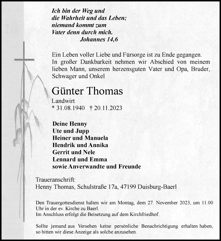  Traueranzeige für Günter Thomas vom 26.11.2023 aus trauer.extra-tipp-moenchengladbach.de