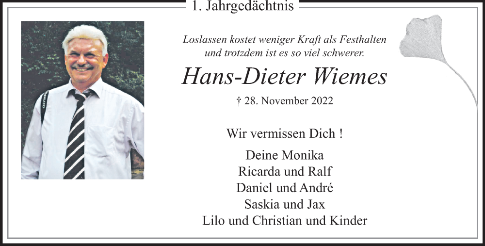  Traueranzeige für Hans-Dieter Wiemes vom 26.11.2023 aus trauer.extra-tipp-moenchengladbach.de