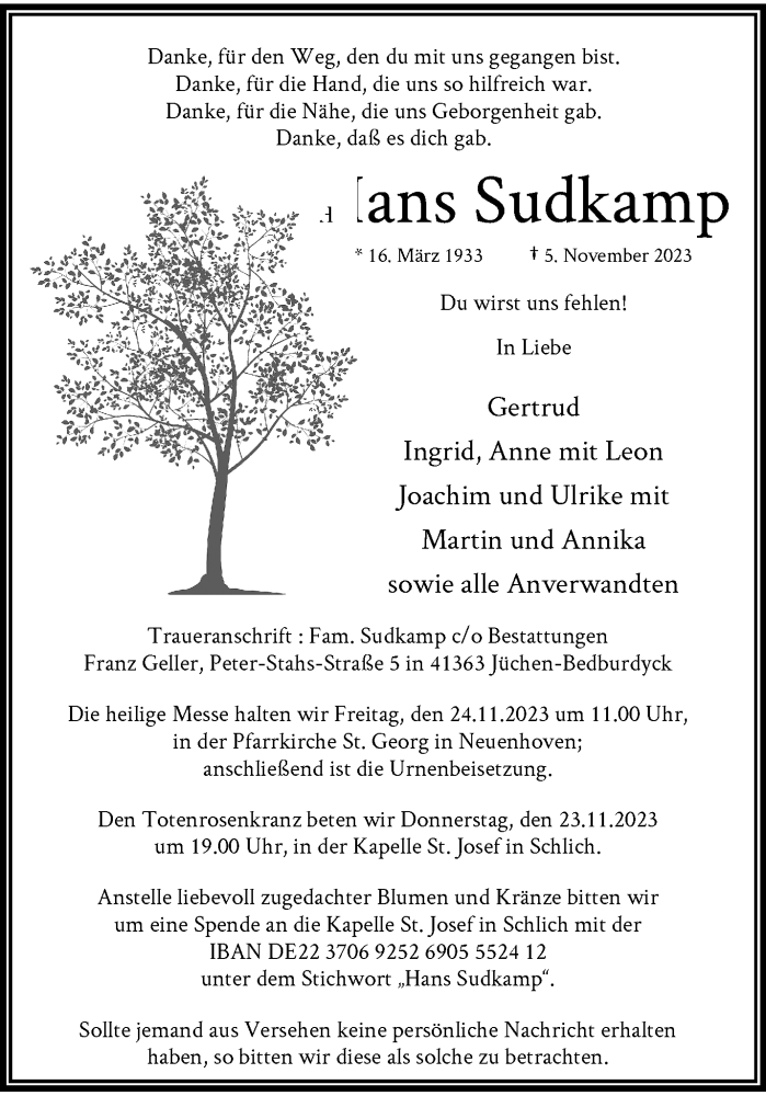  Traueranzeige für Hans Sudkamp vom 18.11.2023 aus trauer.stadt-kurier.de