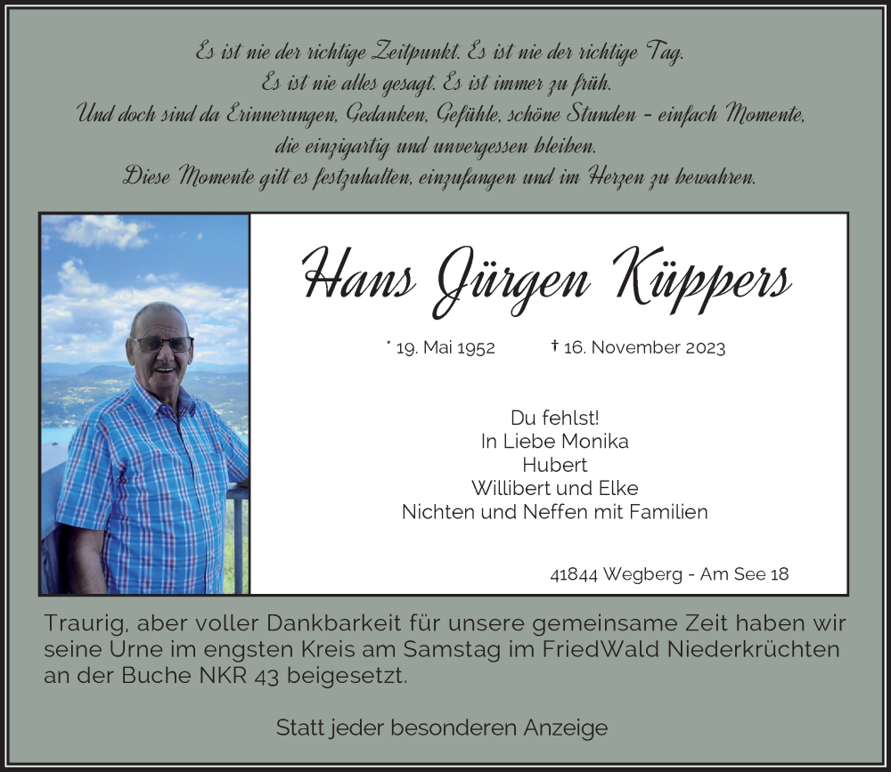  Traueranzeige für Hans Jürgen Küppers vom 26.11.2023 aus trauer.extra-tipp-moenchengladbach.de