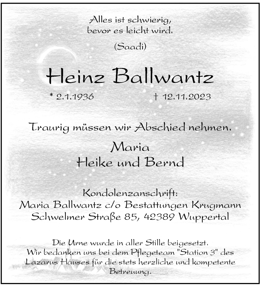  Traueranzeige für Heinz Ballwanz vom 02.12.2023 aus trauer.wuppertaler-rundschau.de
