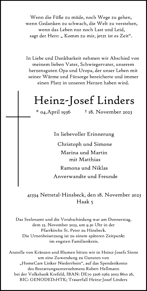 Traueranzeige von Heinz-Josef Linders von trauer.extra-tipp-moenchengladbach.de
