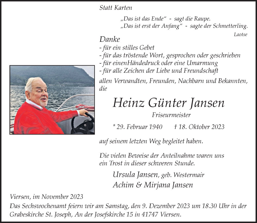  Traueranzeige für Heinz Günter Jansen vom 03.12.2023 aus trauer.extra-tipp-moenchengladbach.de