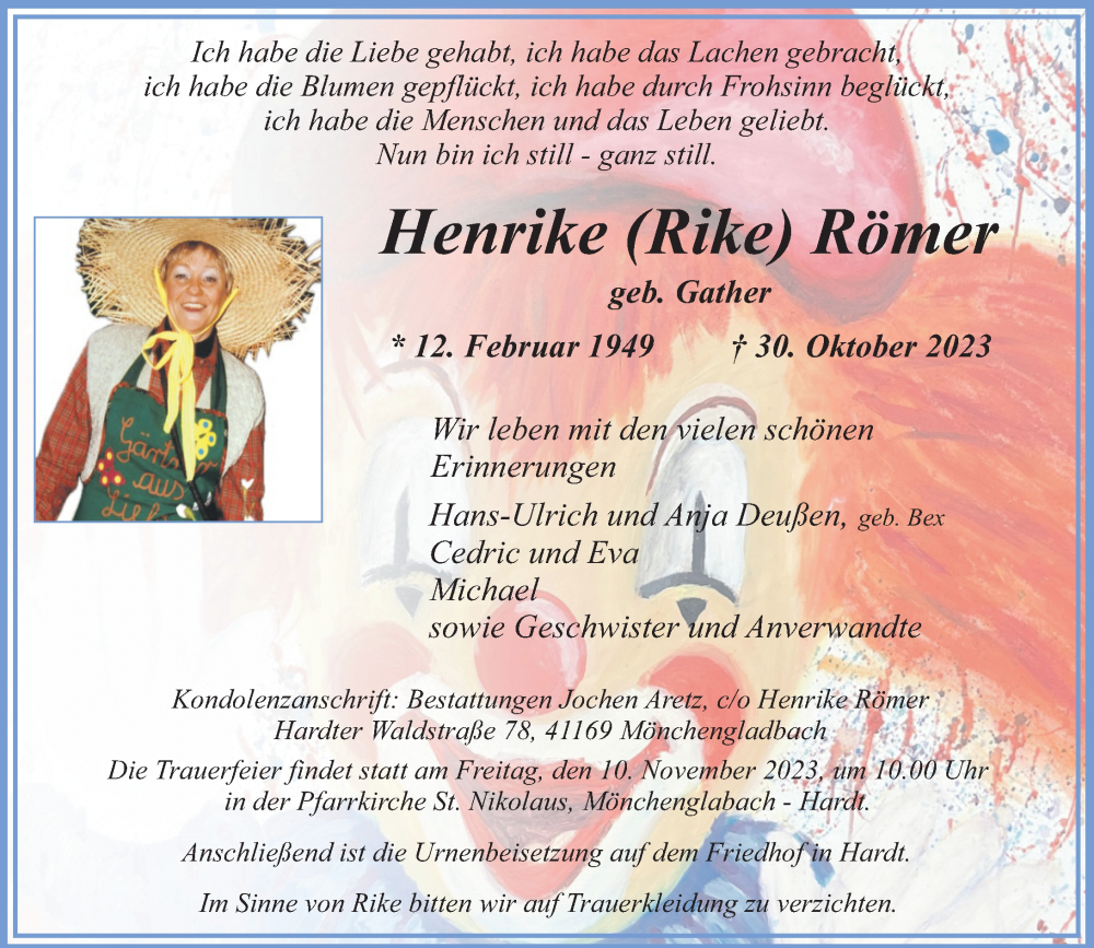  Traueranzeige für Henrike Römer vom 05.11.2023 aus trauer.extra-tipp-moenchengladbach.de