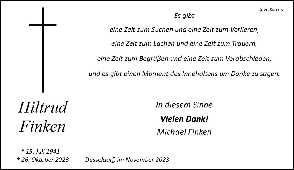  Traueranzeige für Hiltrud Finken vom 02.12.2023 aus trauer.stadt-kurier.de