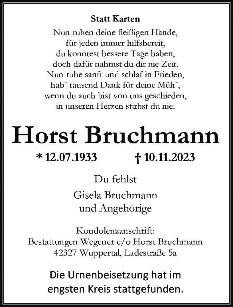  Traueranzeige für Horst Bruchmann vom 02.12.2023 aus trauer.wuppertaler-rundschau.de