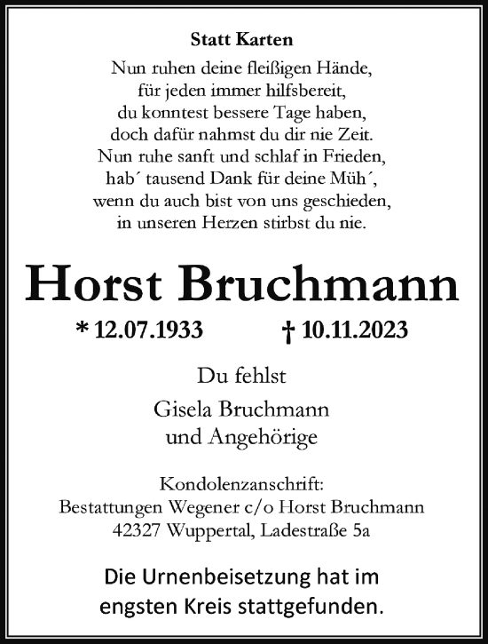 Traueranzeige von Horst Bruchmann von trauer.wuppertaler-rundschau.de