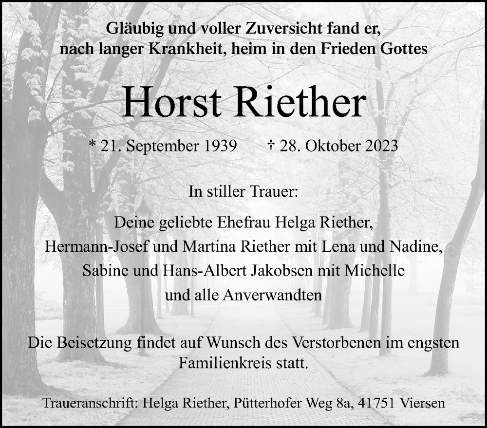  Traueranzeige für Horst Riether vom 05.11.2023 aus trauer.extra-tipp-moenchengladbach.de