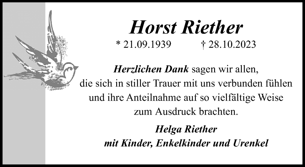  Traueranzeige für Horst Riether vom 03.12.2023 aus trauer.extra-tipp-moenchengladbach.de