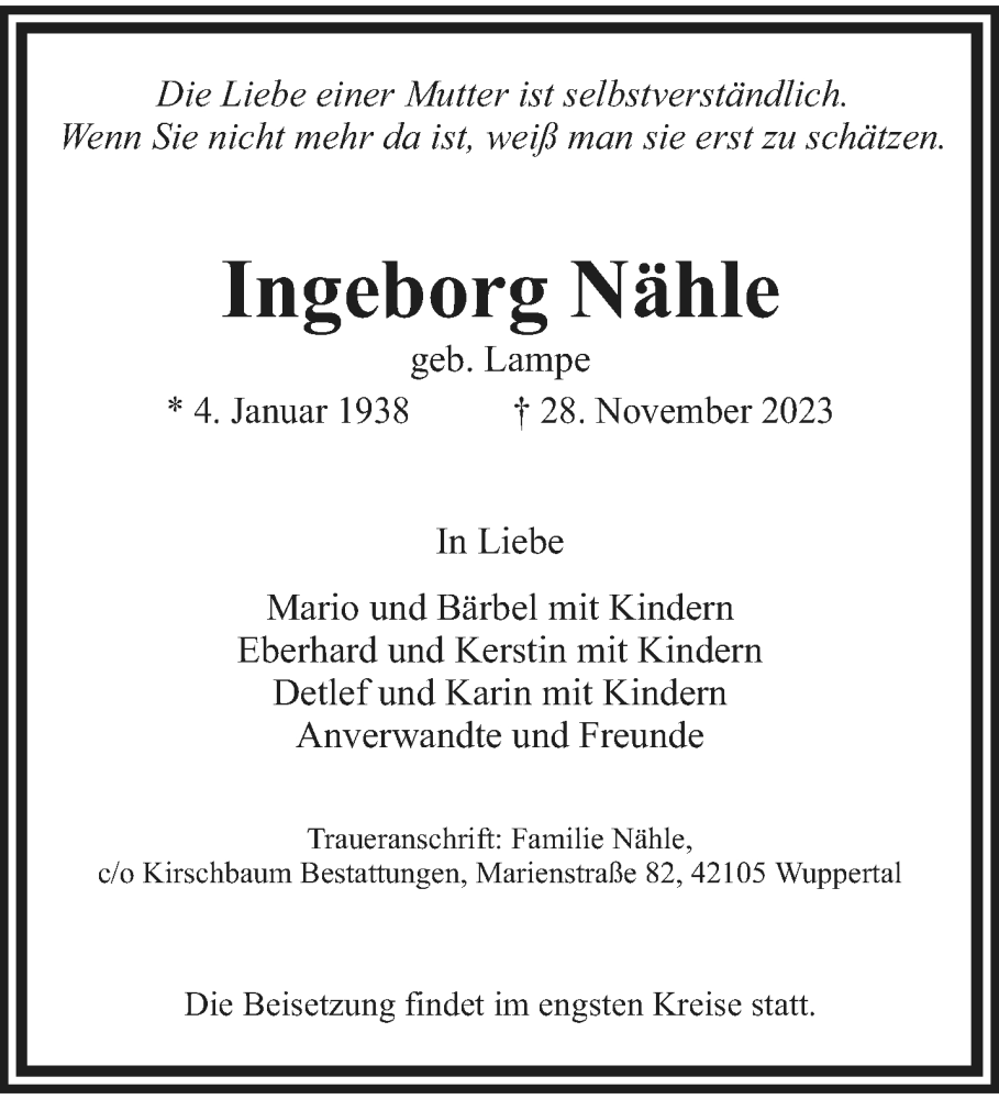  Traueranzeige für Ingeborg Nähle vom 02.12.2023 aus trauer.wuppertaler-rundschau.de