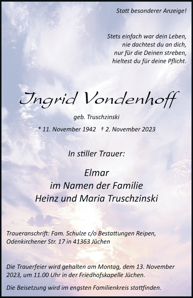  Traueranzeige für Ingrid Vondenhoff vom 11.11.2023 aus trauer.stadt-kurier.de