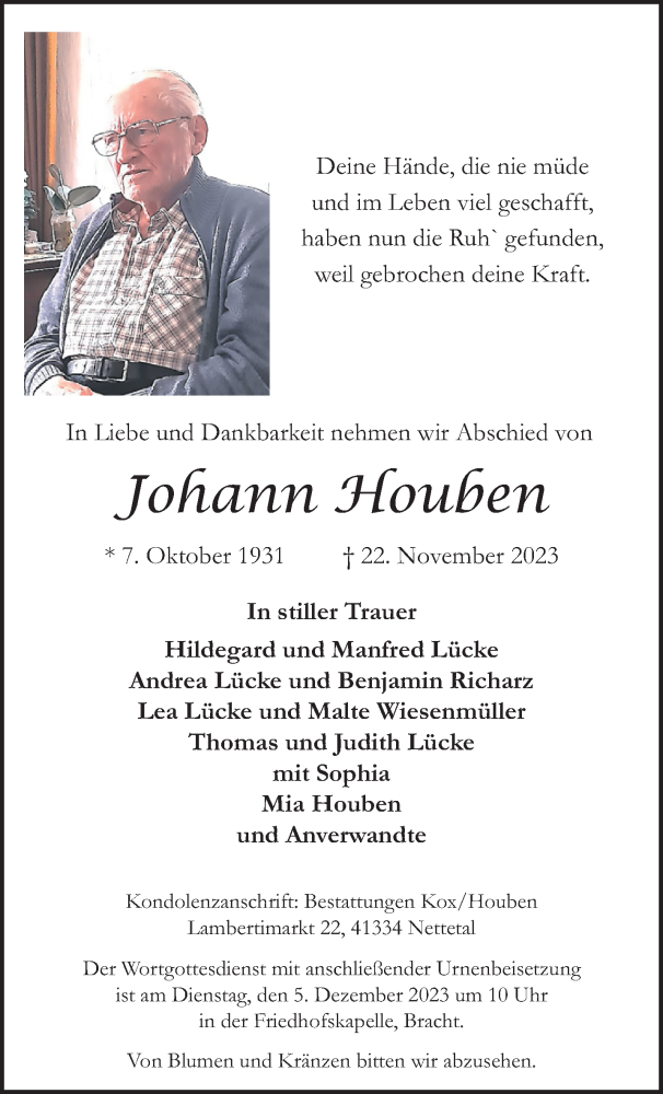 Traueranzeige für Johann Houben vom 26.11.2023 aus trauer.extra-tipp-moenchengladbach.de