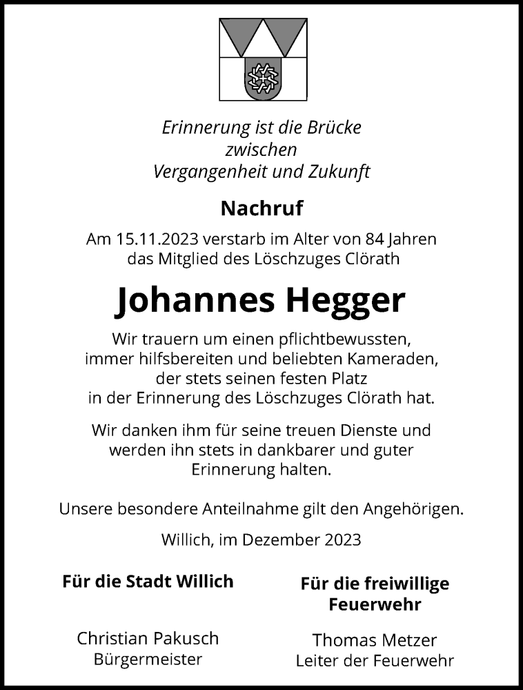  Traueranzeige für Johannes Hegger vom 03.12.2023 aus trauer.extra-tipp-moenchengladbach.de