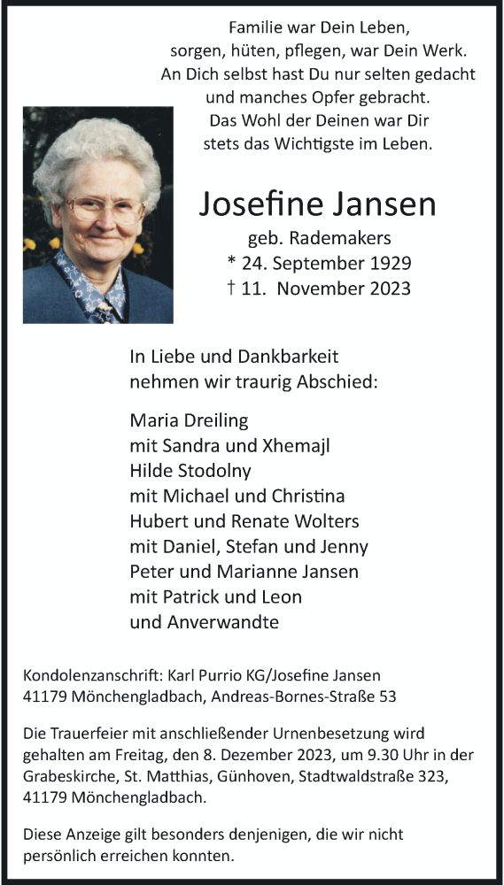  Traueranzeige für Josefine Jansen vom 03.12.2023 aus trauer.extra-tipp-moenchengladbach.de