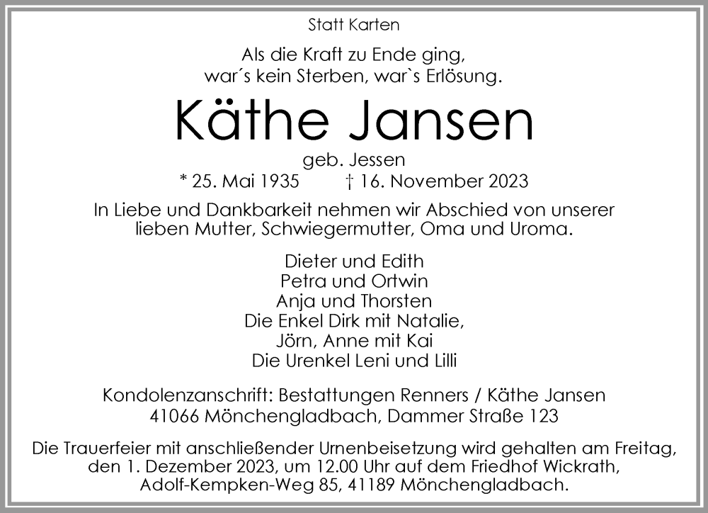  Traueranzeige für Käthe Jansen vom 26.11.2023 aus trauer.extra-tipp-moenchengladbach.de