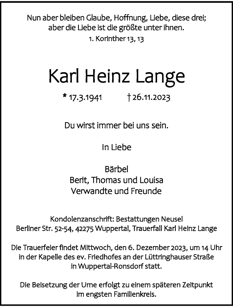  Traueranzeige für Karl Heinz Lange vom 02.12.2023 aus trauer.wuppertaler-rundschau.de