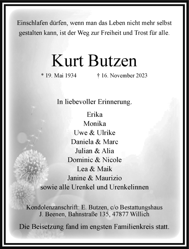  Traueranzeige für Kurt Butzen vom 26.11.2023 aus trauer.extra-tipp-moenchengladbach.de