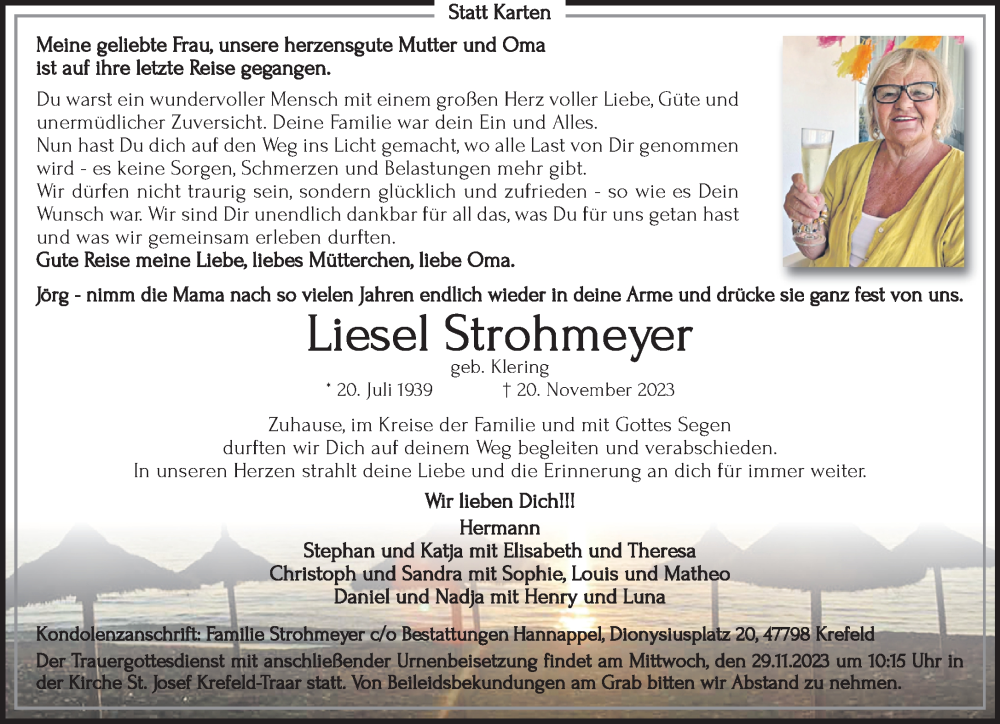  Traueranzeige für Liesel Strohmeyer vom 26.11.2023 aus trauer.extra-tipp-moenchengladbach.de