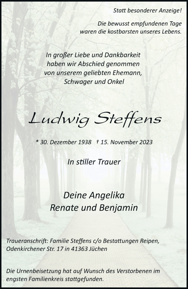  Traueranzeige für Ludwig Steffens vom 03.12.2023 aus trauer.extra-tipp-moenchengladbach.de