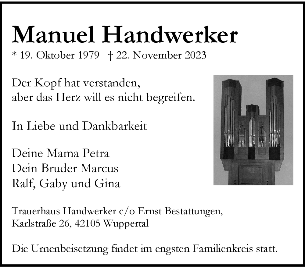  Traueranzeige für Manuel Handwerker vom 02.12.2023 aus trauer.wuppertaler-rundschau.de