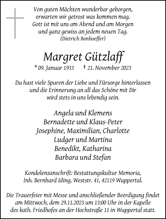 Traueranzeige von Margret Gützlaff von trauer.wuppertaler-rundschau.de