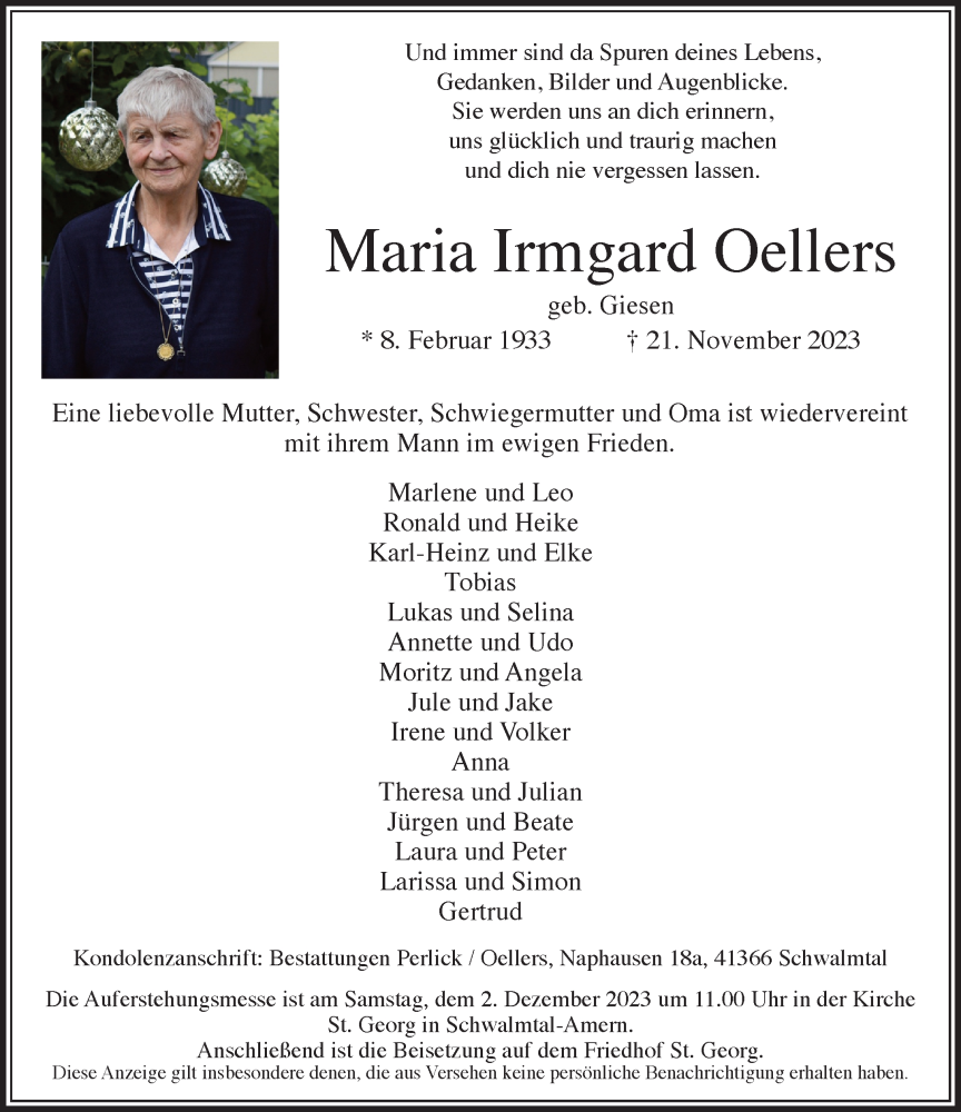  Traueranzeige für Maria Irmgard Oellers vom 26.11.2023 aus trauer.extra-tipp-moenchengladbach.de