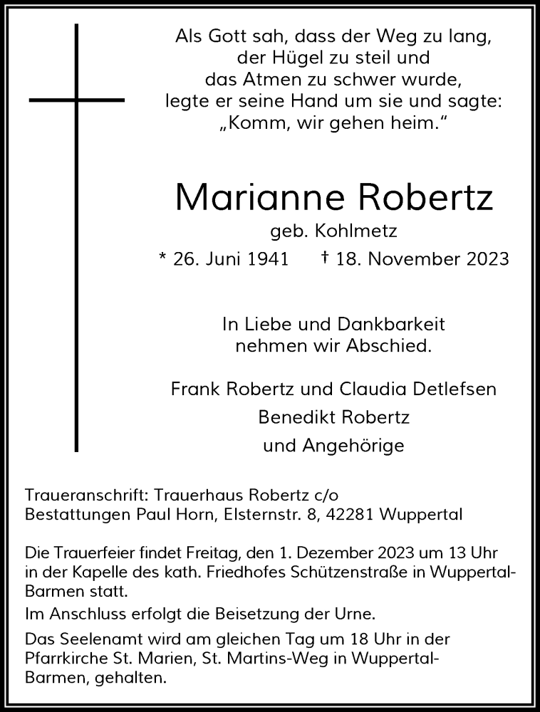  Traueranzeige für Marianne Robertz vom 25.11.2023 aus trauer.wuppertaler-rundschau.de