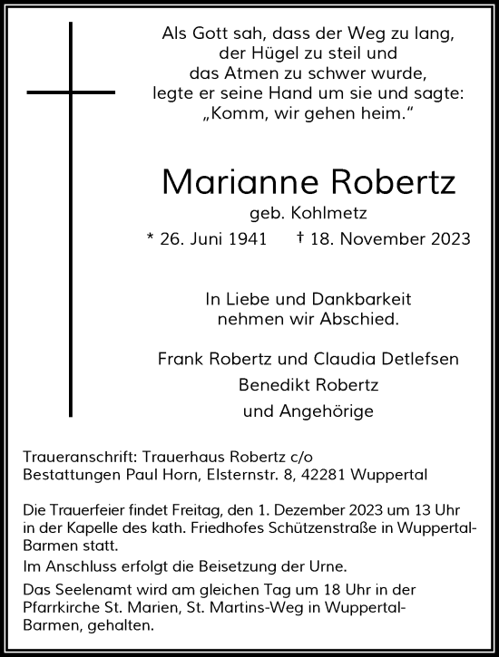 Traueranzeige von Marianne Robertz von trauer.wuppertaler-rundschau.de