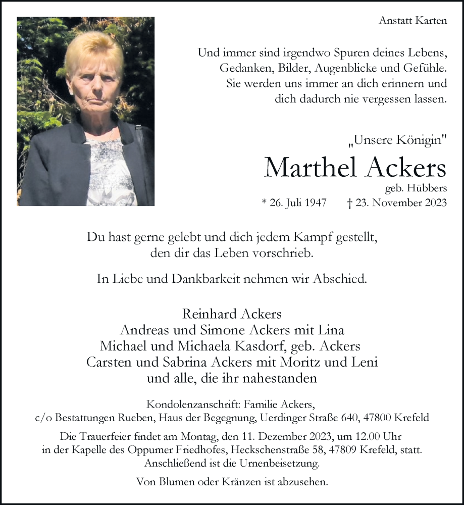  Traueranzeige für Marthel Ackers vom 03.12.2023 aus trauer.extra-tipp-moenchengladbach.de