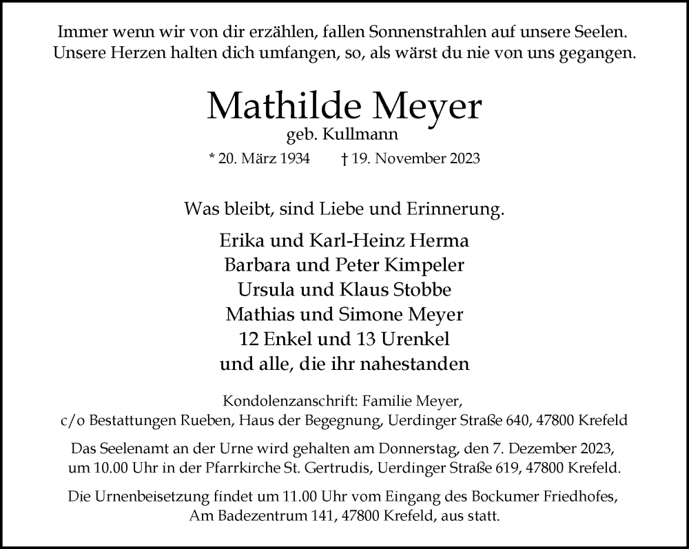  Traueranzeige für Mathilde Meyer vom 26.11.2023 aus trauer.extra-tipp-moenchengladbach.de