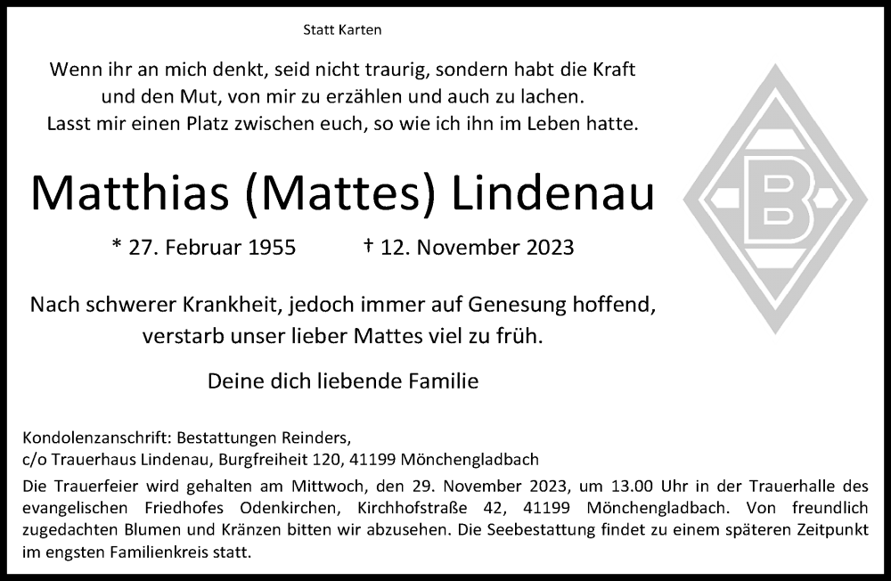  Traueranzeige für Matthias  Lindenau vom 19.11.2023 aus trauer.extra-tipp-moenchengladbach.de