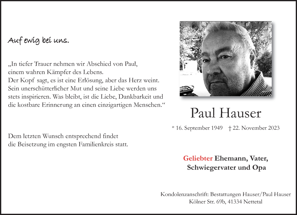  Traueranzeige für Paul Hauser vom 26.11.2023 aus trauer.extra-tipp-moenchengladbach.de