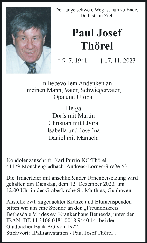  Traueranzeige für Paul Josef Thörel vom 03.12.2023 aus trauer.extra-tipp-moenchengladbach.de