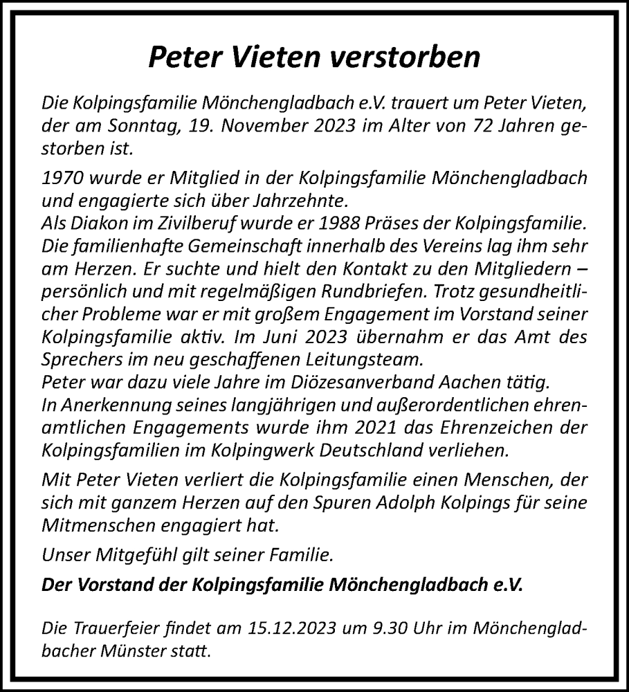  Traueranzeige für Peter Vieten vom 03.12.2023 aus trauer.extra-tipp-moenchengladbach.de