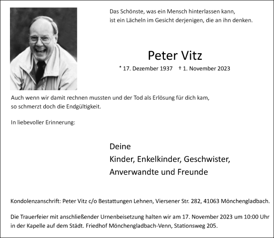 Traueranzeige von Peter Vitz von trauer.extra-tipp-moenchengladbach.de